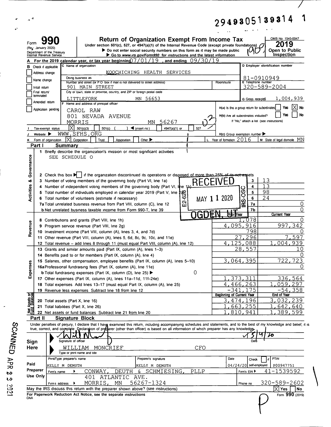 Image of first page of 2018 Form 990 for Koochiching Health Services