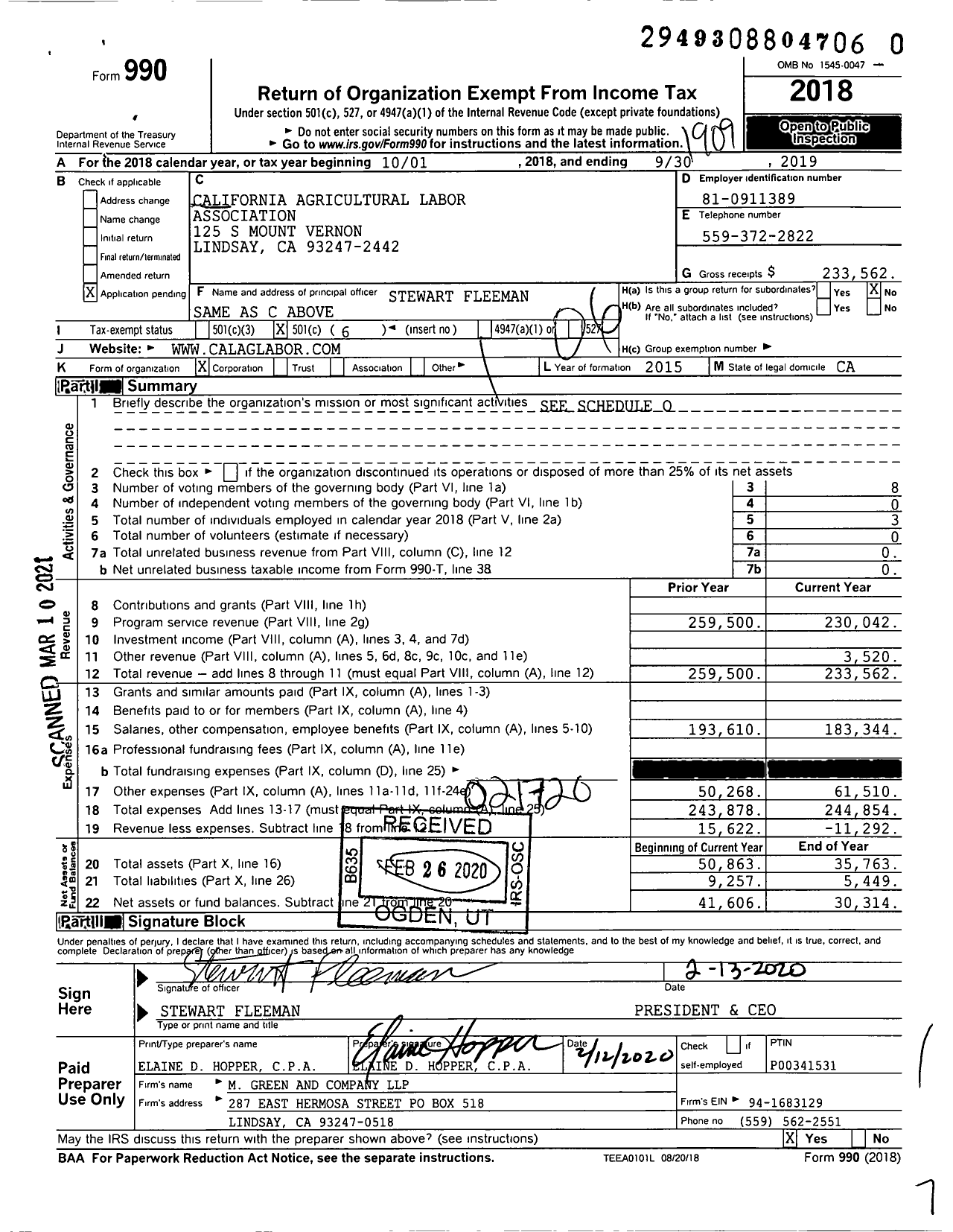 Image of first page of 2018 Form 990O for California Agricultural Labor Association