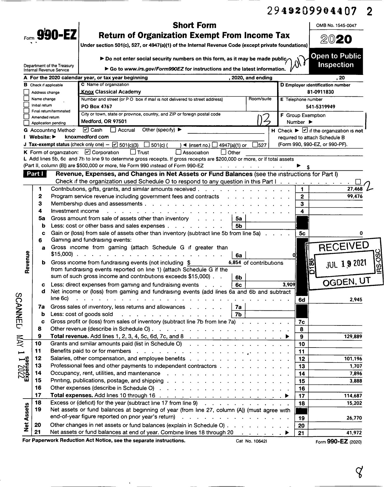 Image of first page of 2020 Form 990EZ for Knox Classical Academy