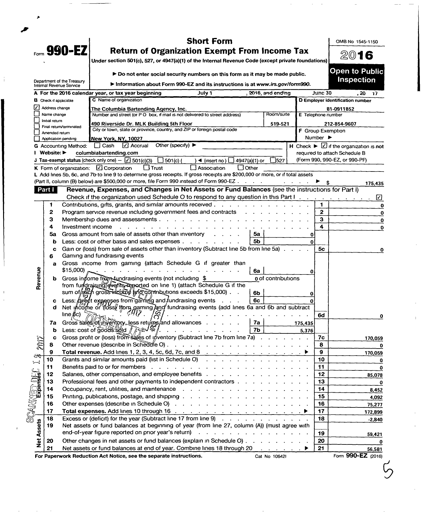 Image of first page of 2016 Form 990EZ for Columbia Bartending Agency Incorporated