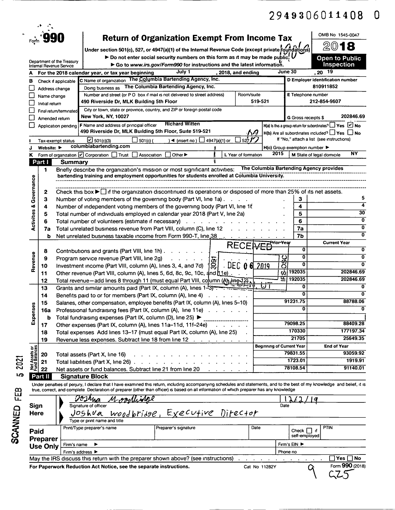 Image of first page of 2018 Form 990 for Columbia Bartending Agency Incorporated