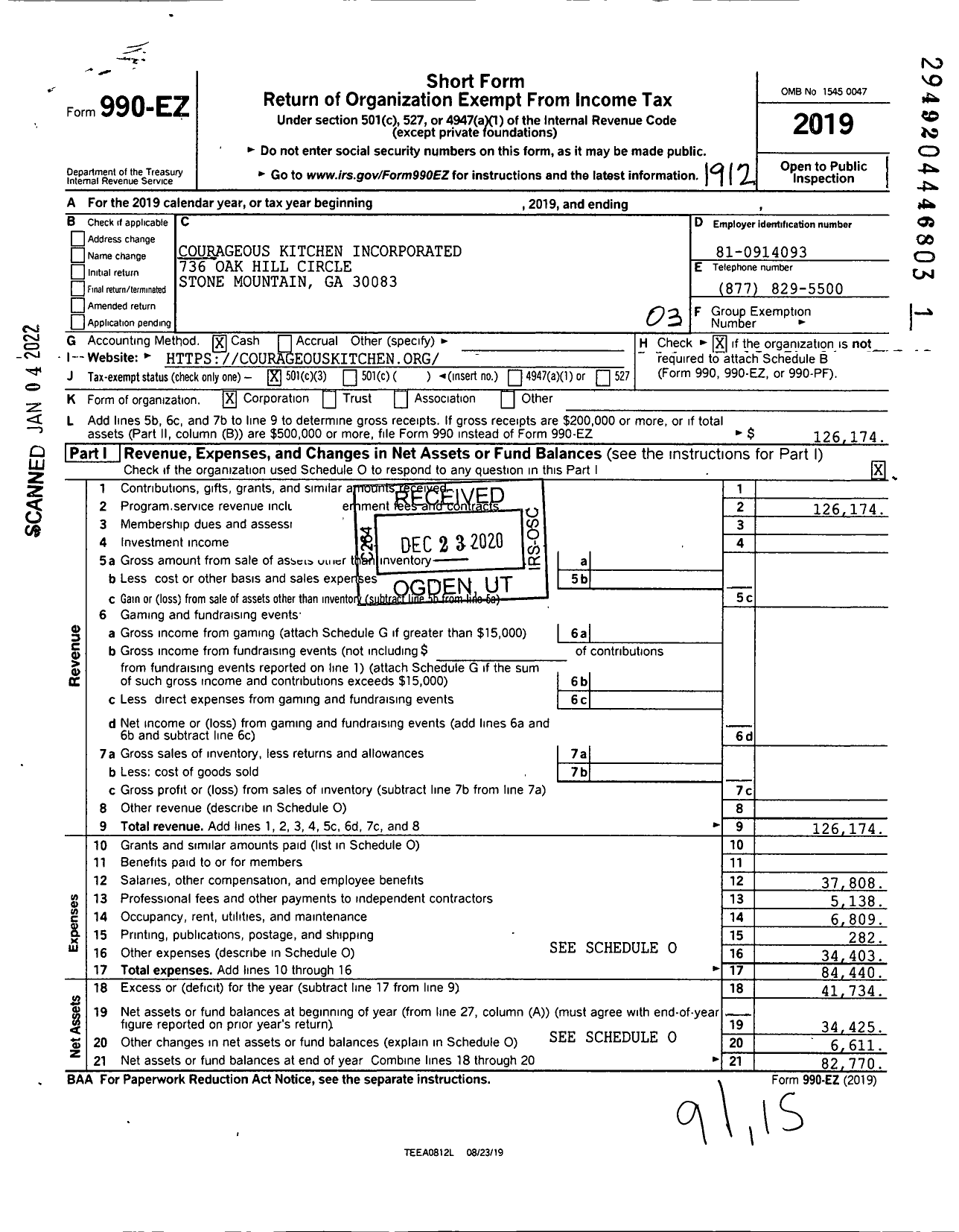 Image of first page of 2019 Form 990EZ for Courageous Kitchen Incorporated