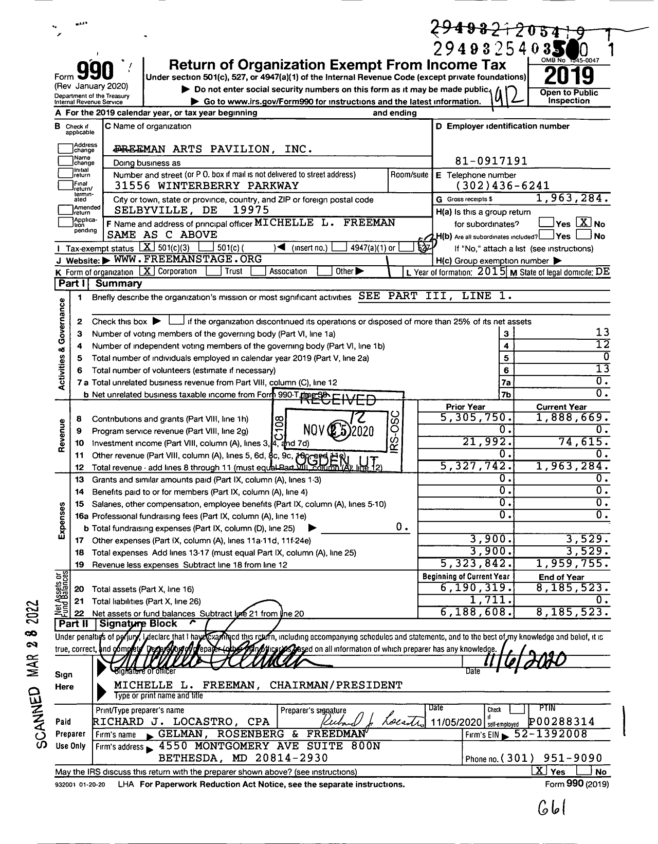 Image of first page of 2019 Form 990 for Freeman Arts Pavilion