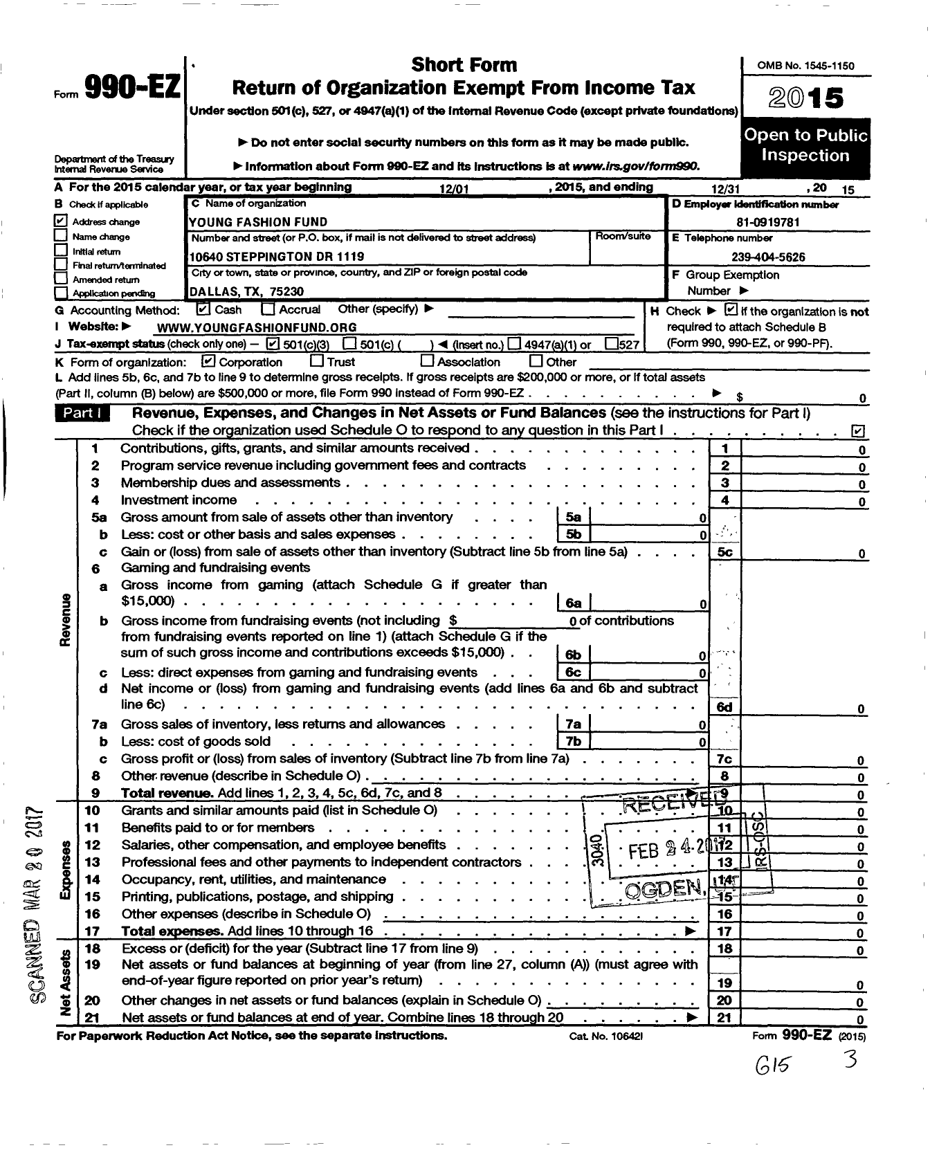 Image of first page of 2015 Form 990EZ for Young Fashion Fund