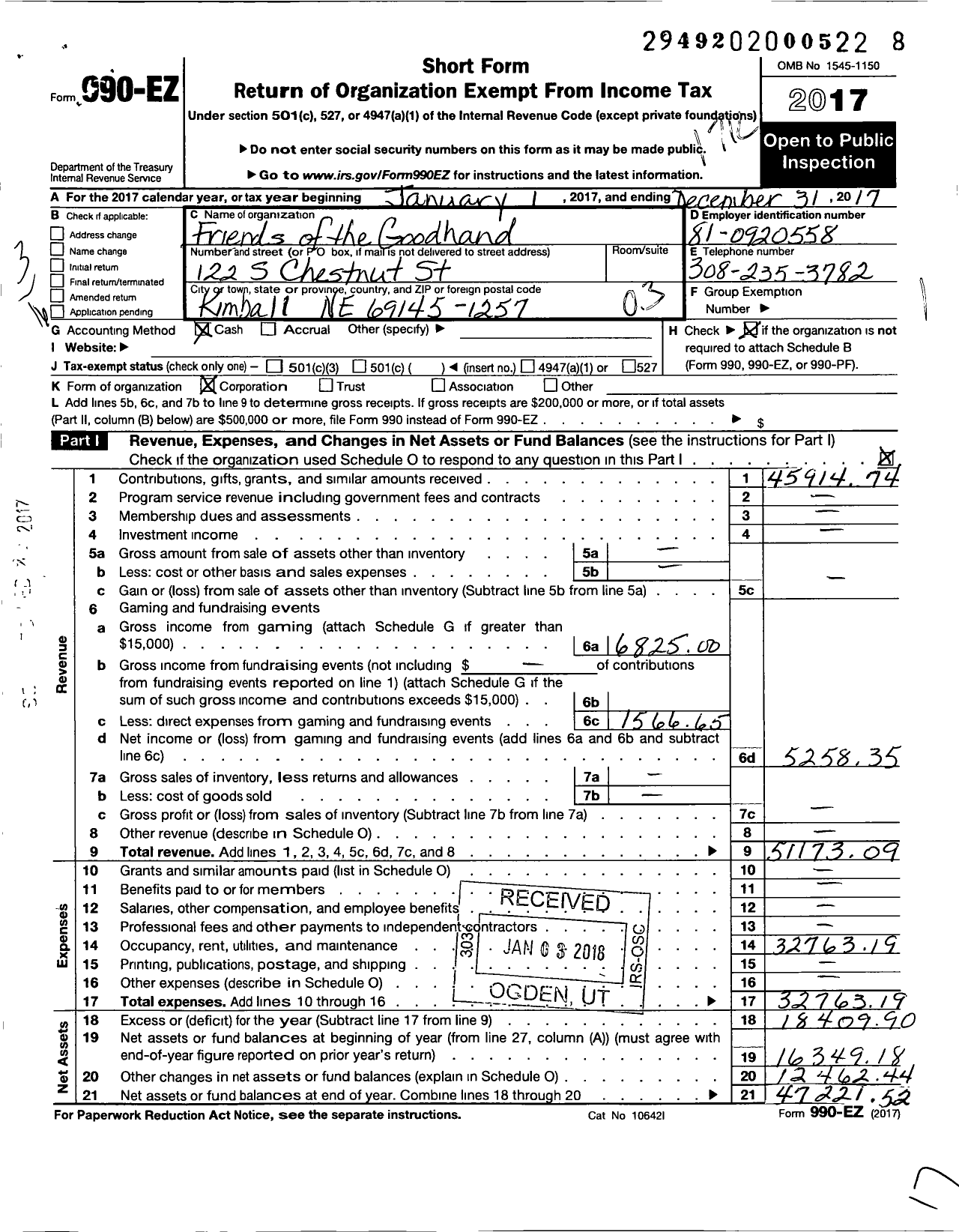 Image of first page of 2017 Form 990EZ for Friends of the Goodhand