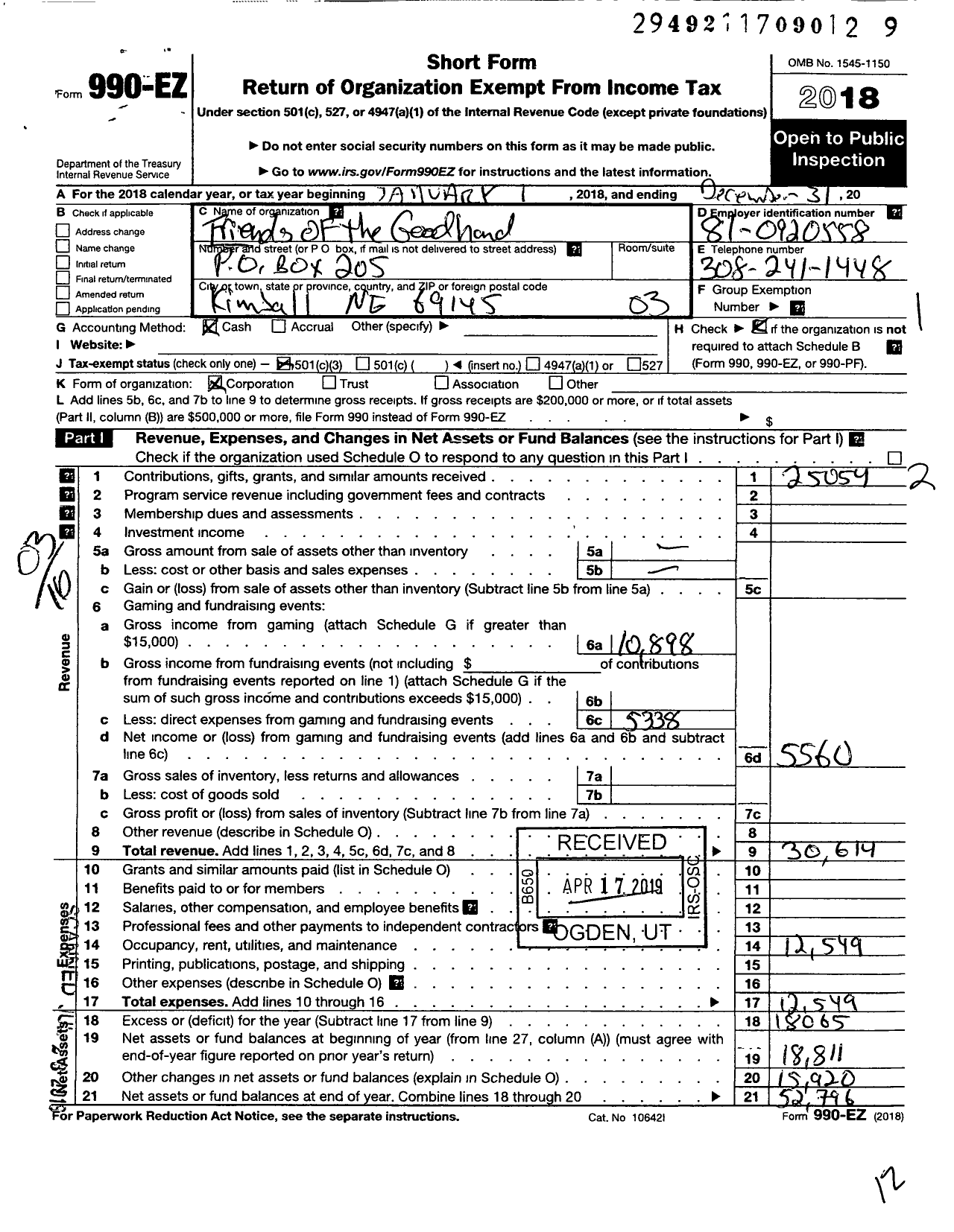 Image of first page of 2018 Form 990EZ for Friends of the Goodhand