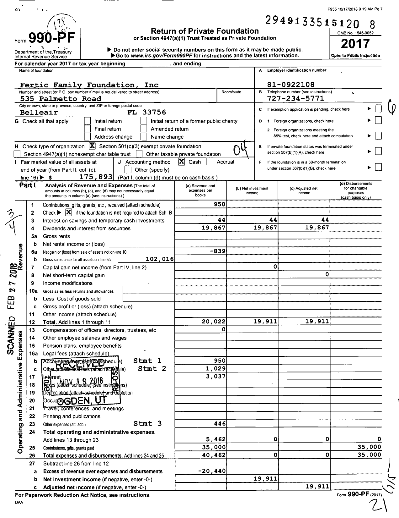 Image of first page of 2017 Form 990PF for Fertic Family Foundation