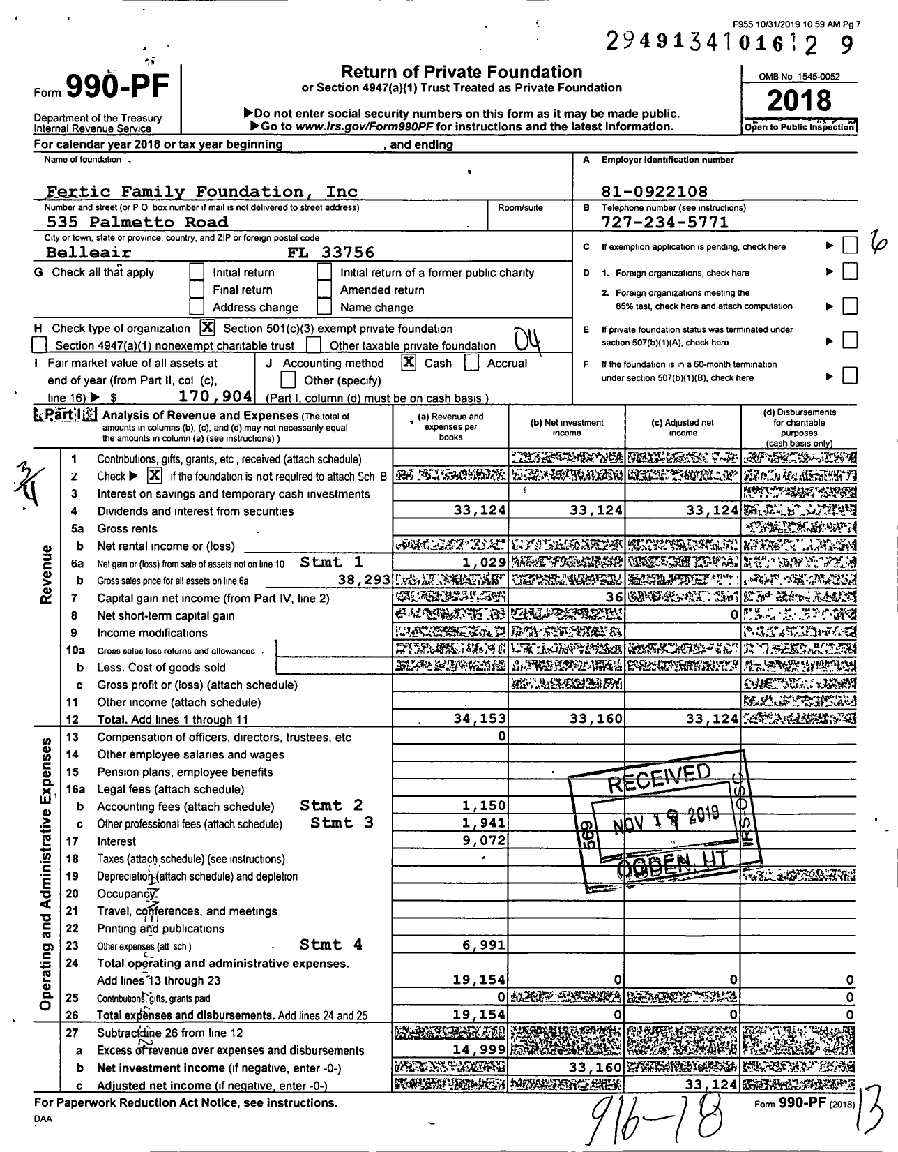 Image of first page of 2018 Form 990PF for Fertic Family Foundation