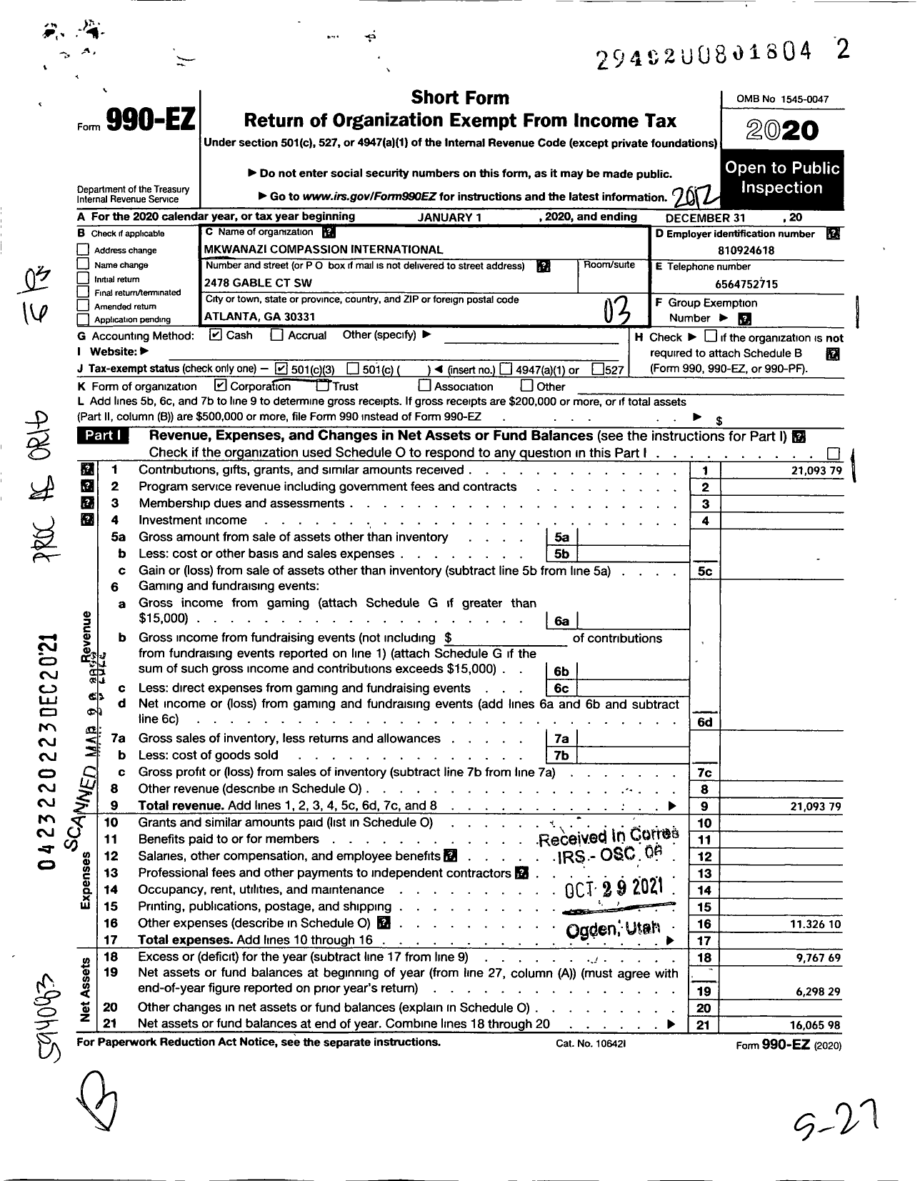 Image of first page of 2020 Form 990EZ for Mkwanazi Compassion International