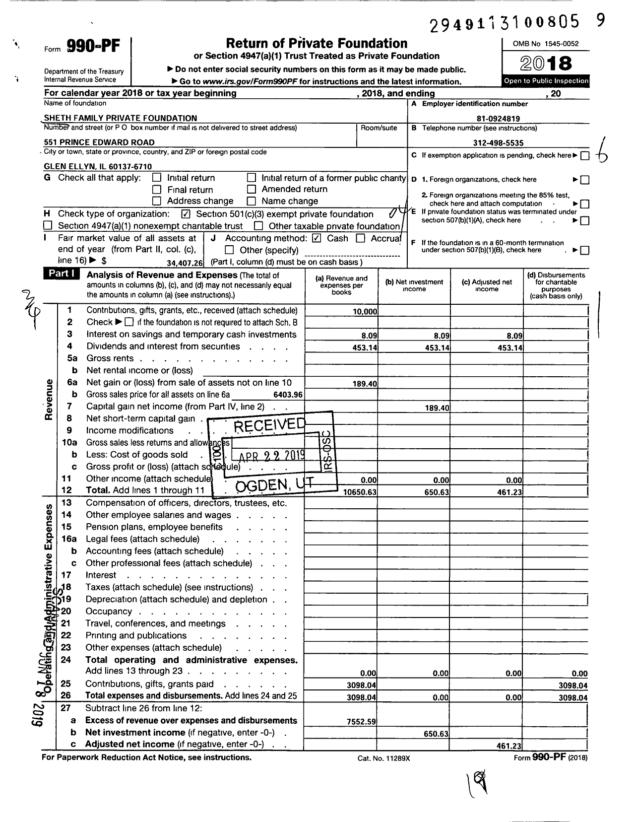 Image of first page of 2018 Form 990PF for Sheth Family Private Foundation