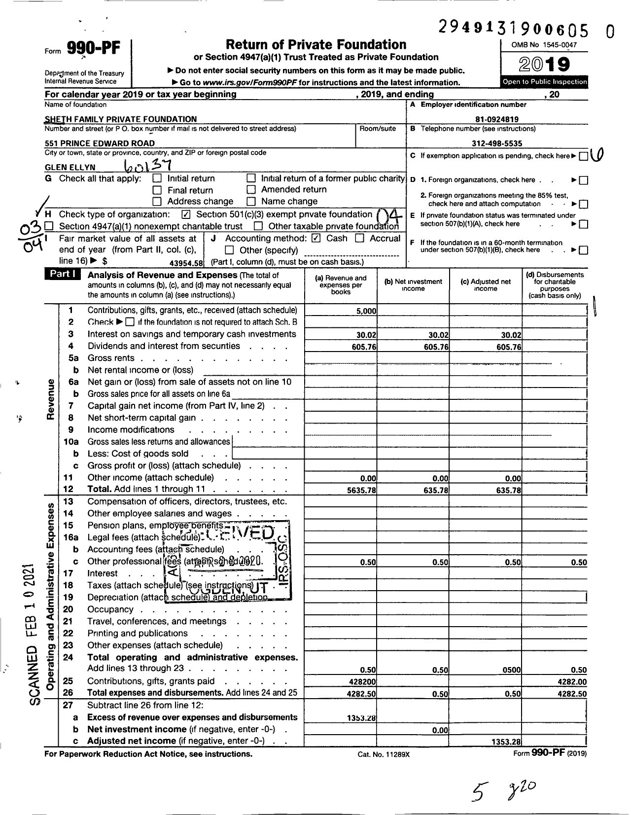 Image of first page of 2019 Form 990PF for Sheth Family Private Foundation