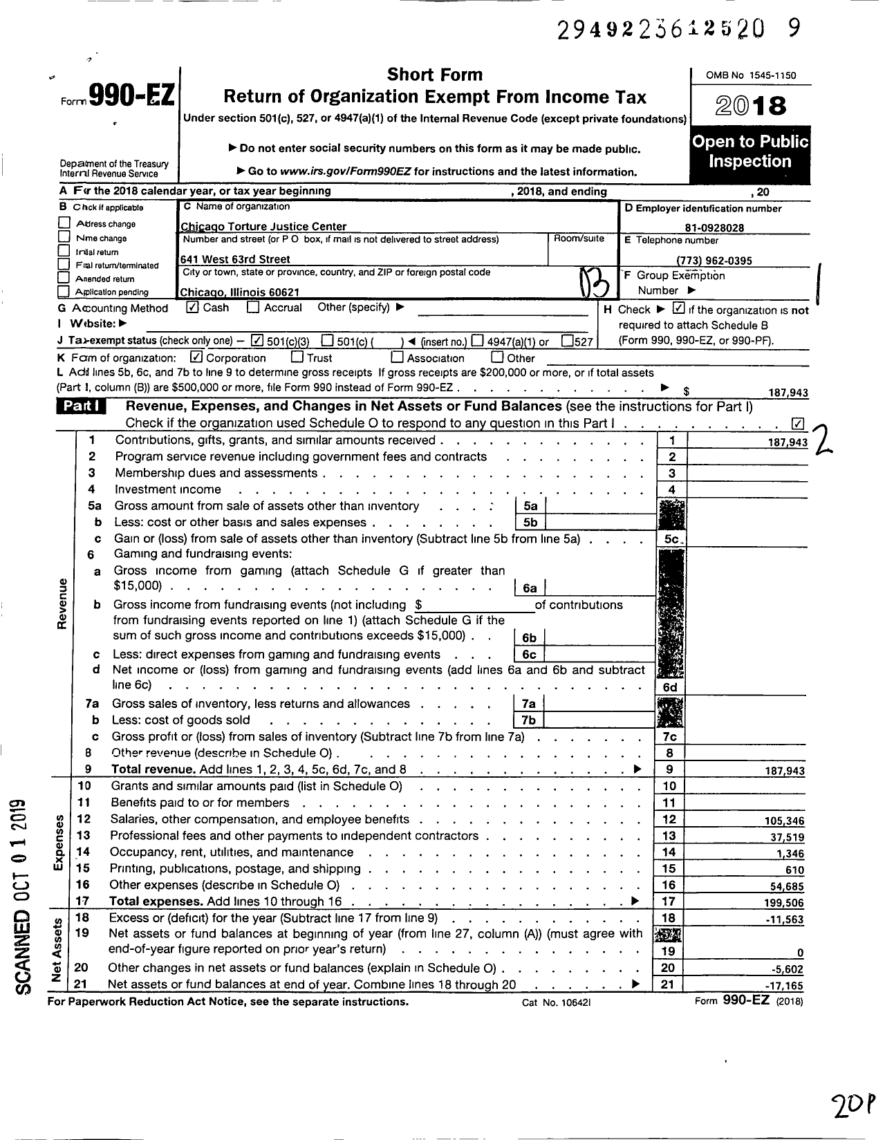 Image of first page of 2018 Form 990EZ for Chicago Torture Justice Center