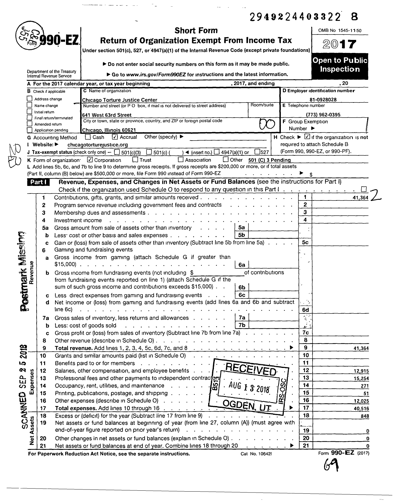 Image of first page of 2017 Form 990EO for Chicago Torture Justice Center