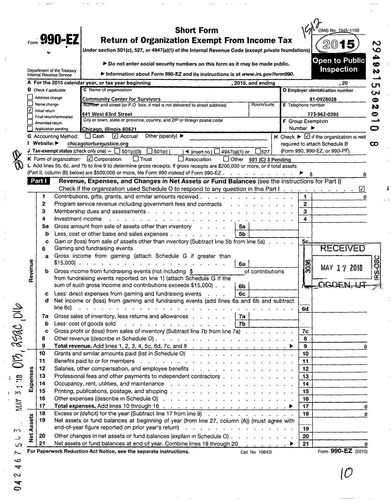 Image of first page of 2015 Form 990EO for Chicago Torture Justice Center