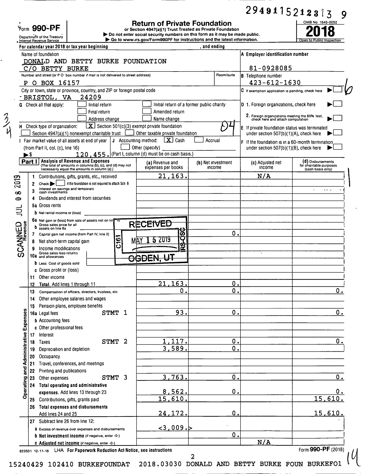 Image of first page of 2018 Form 990PF for Donald and Betty Burke Foundation