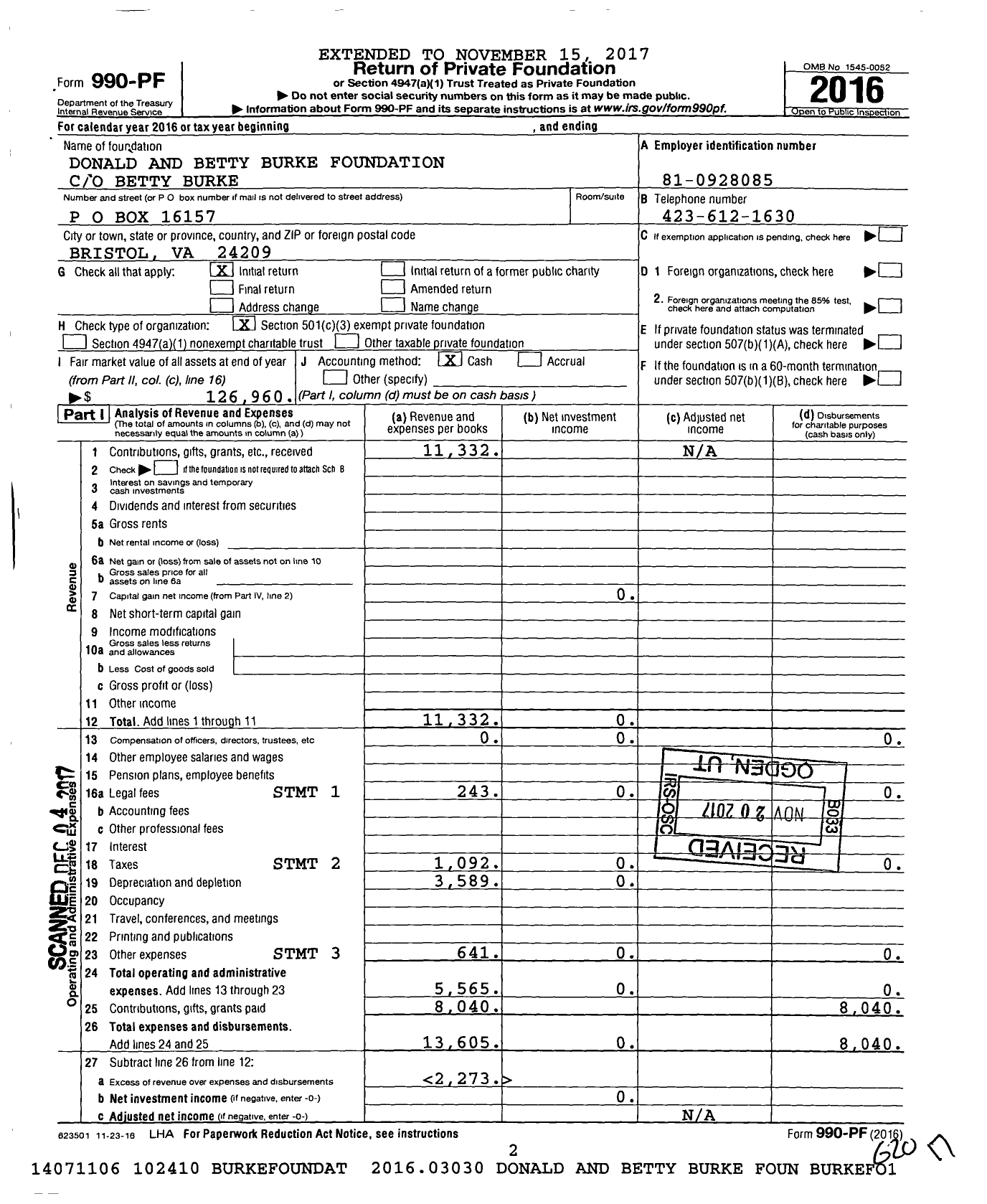 Image of first page of 2016 Form 990PF for Donald and Betty Burke Foundation