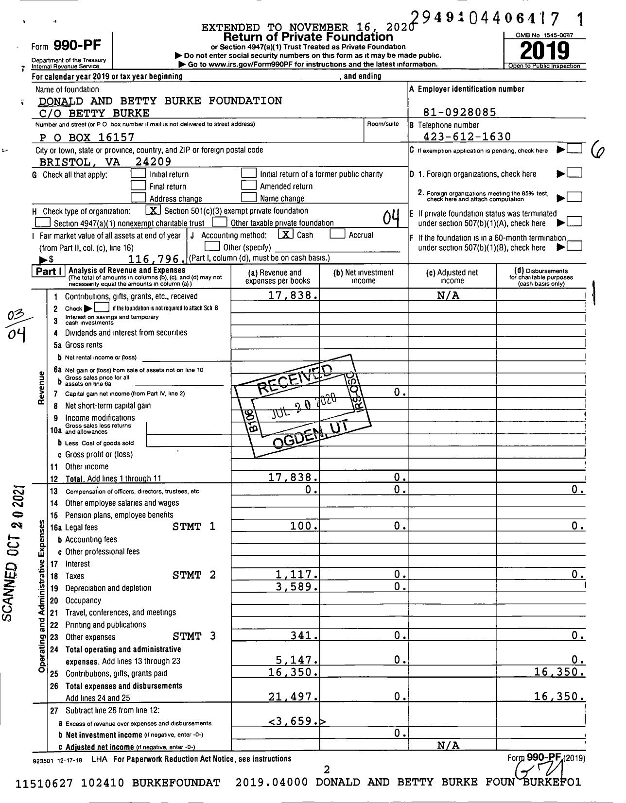 Image of first page of 2019 Form 990PF for Donald and Betty Burke Foundation