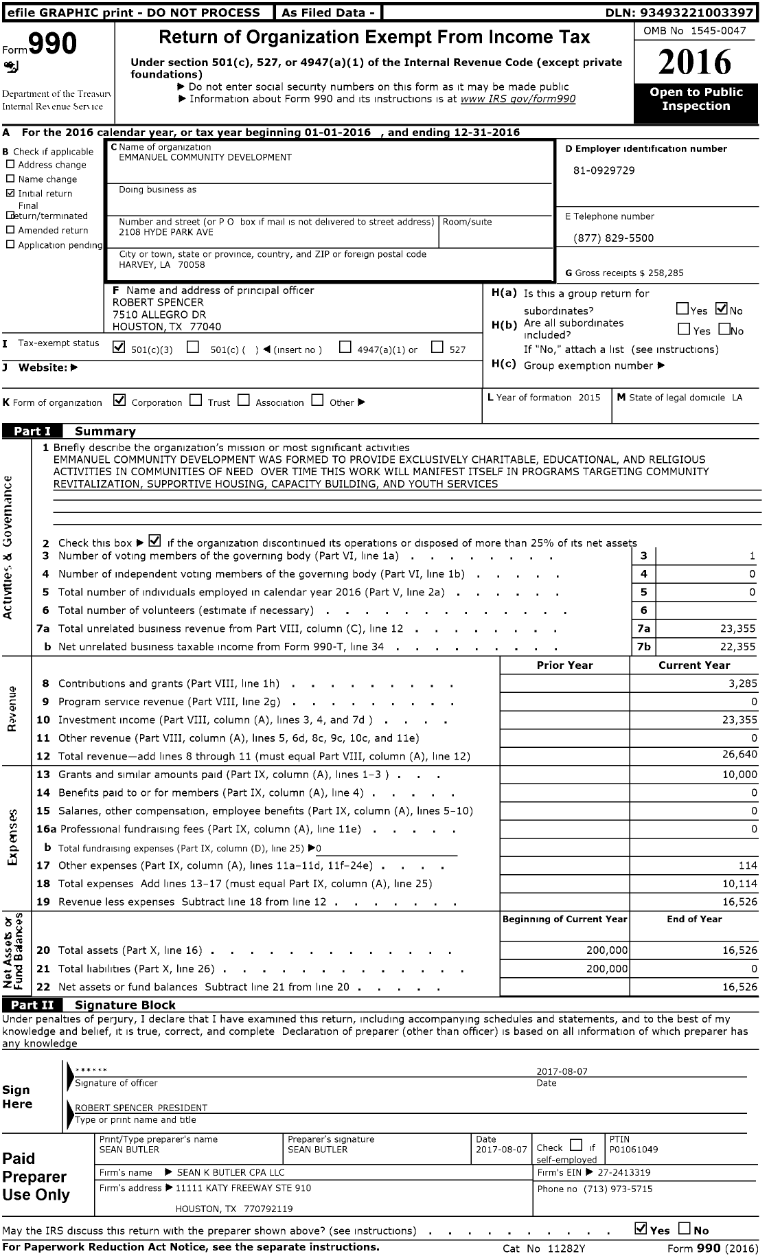 Image of first page of 2016 Form 990 for Emmanuel Community Development