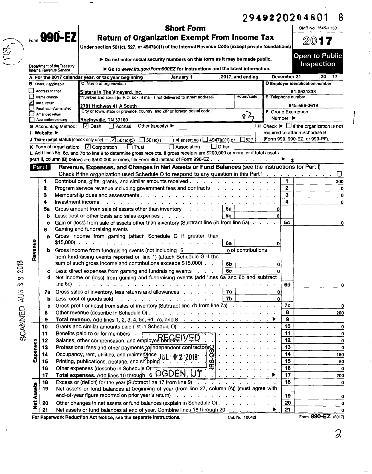 Image of first page of 2017 Form 990EZ for Sisters in the Vineyard