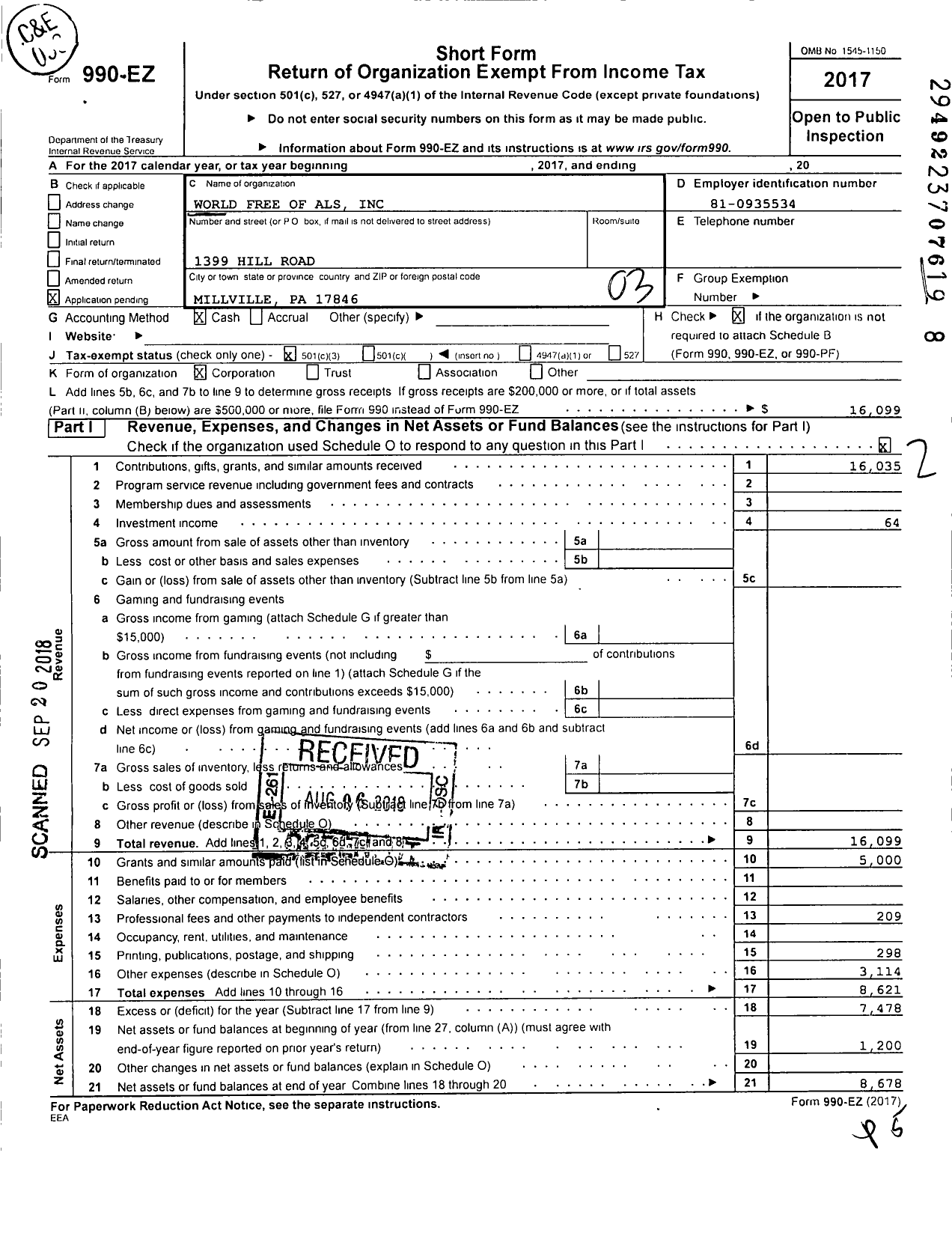 Image of first page of 2017 Form 990EZ for World Free of Als