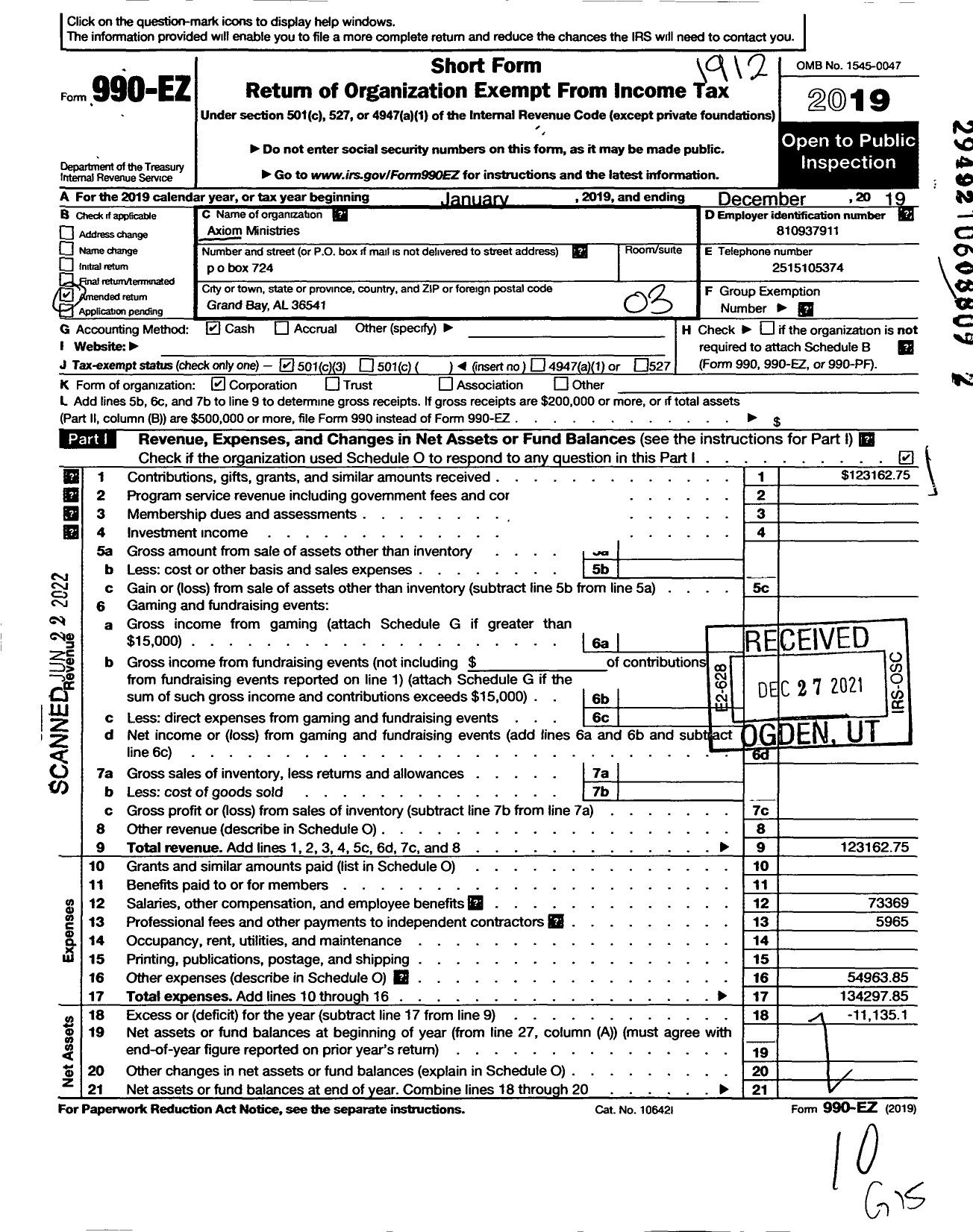 Image of first page of 2019 Form 990EZ for Axiom Ministries