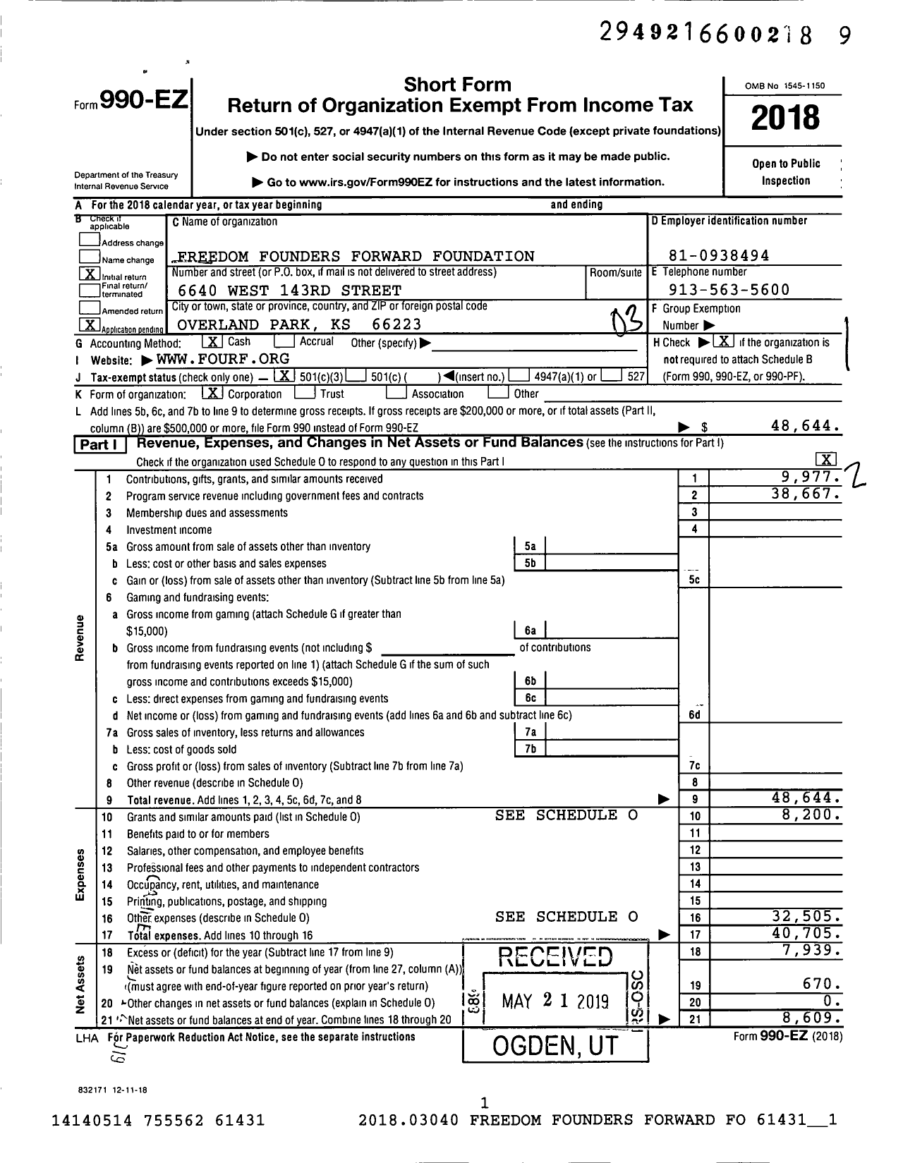 Image of first page of 2018 Form 990EZ for Freedom Founders Forward Foundation