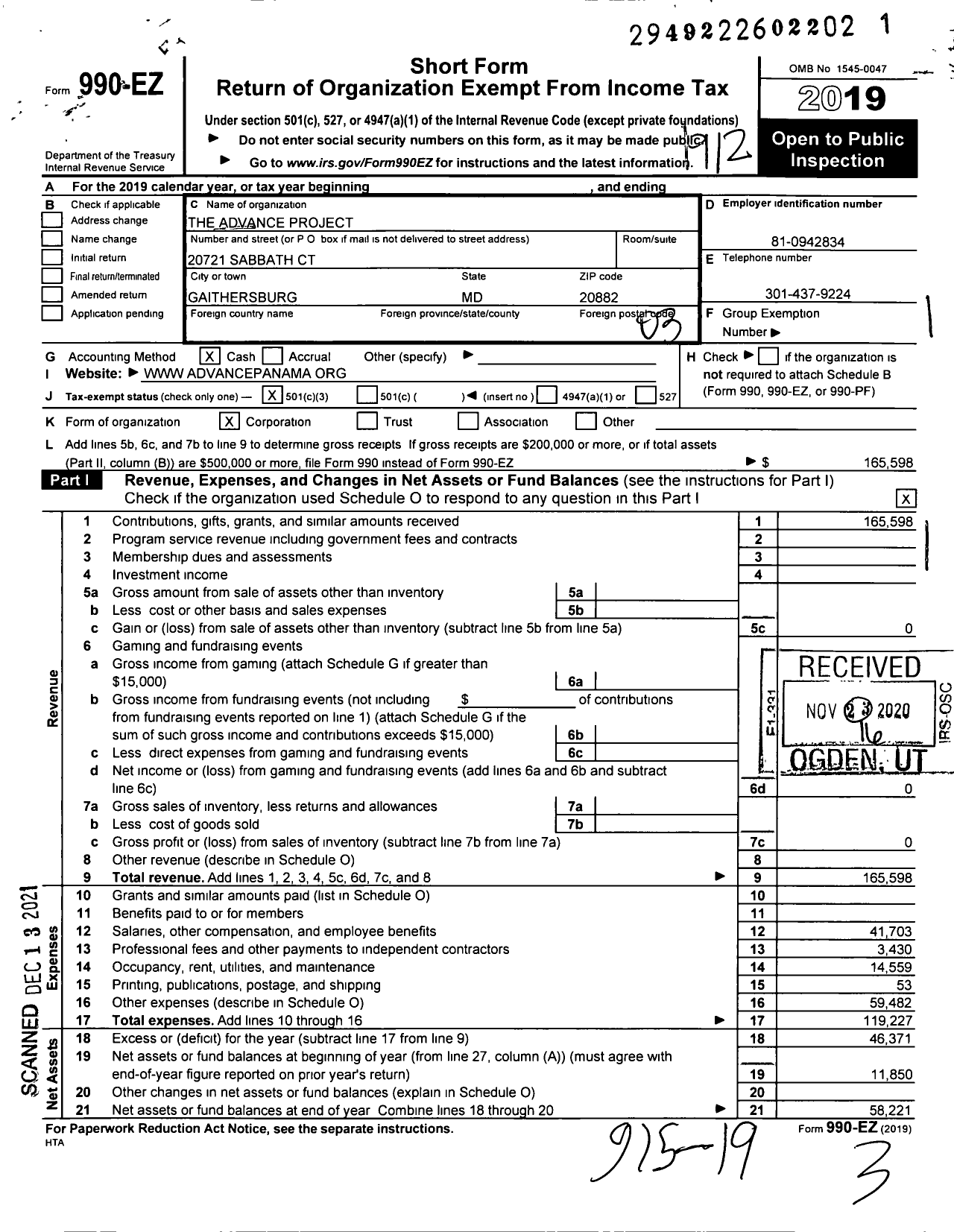 Image of first page of 2019 Form 990EZ for The Advance Project