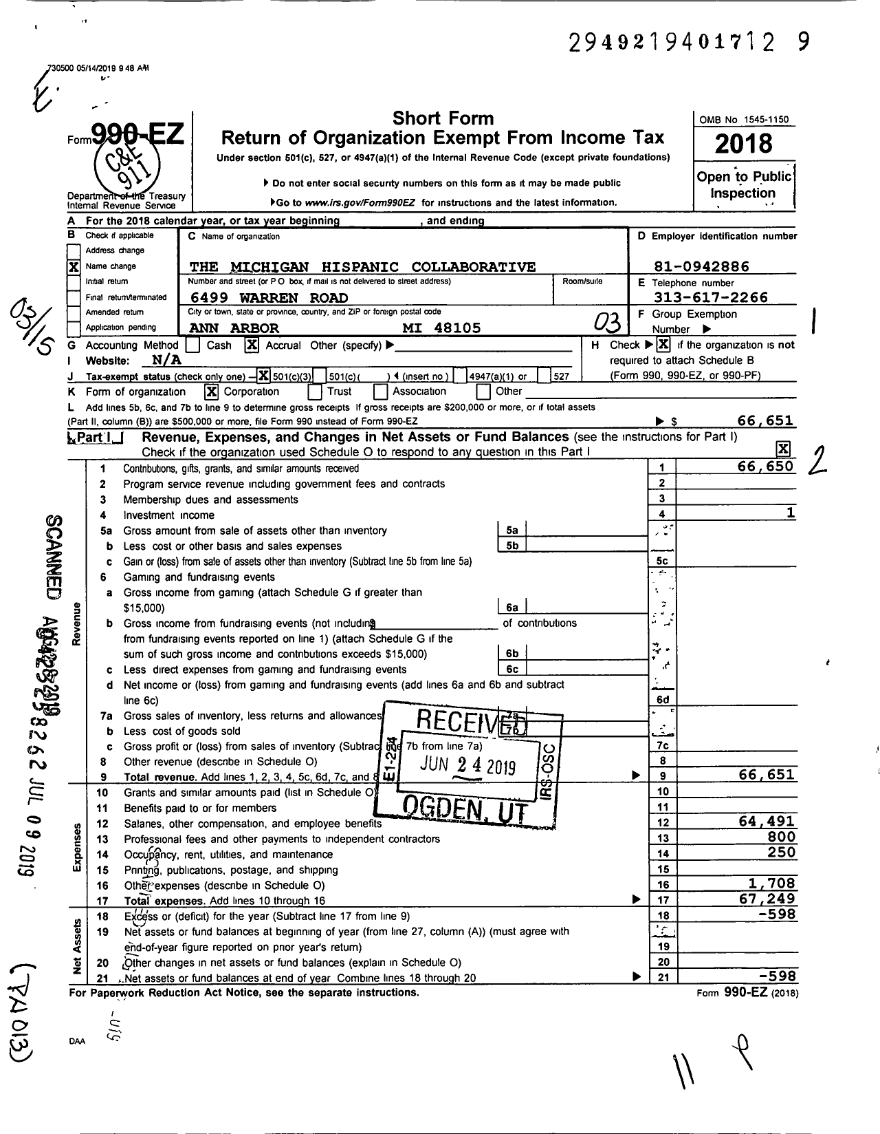 Image of first page of 2018 Form 990EZ for The Michigan Hispanic Collaborative