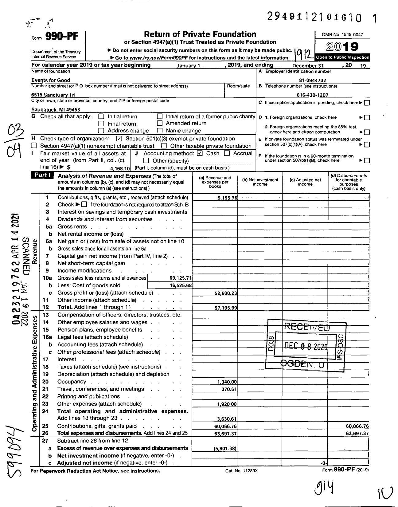 Image of first page of 2019 Form 990PF for Events for Good