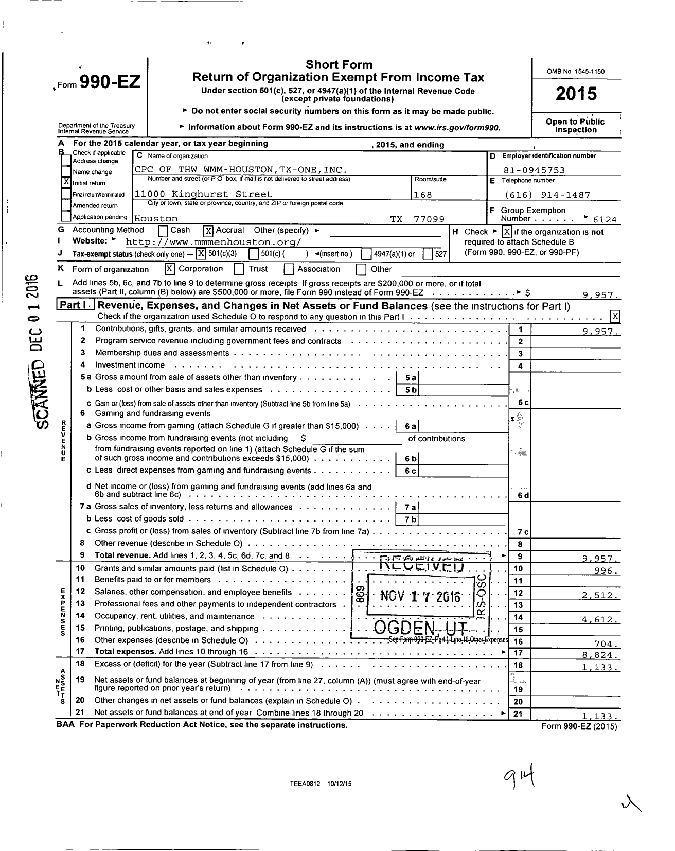 Image of first page of 2015 Form 990EZ for CPC of THW WMM Houston TX One