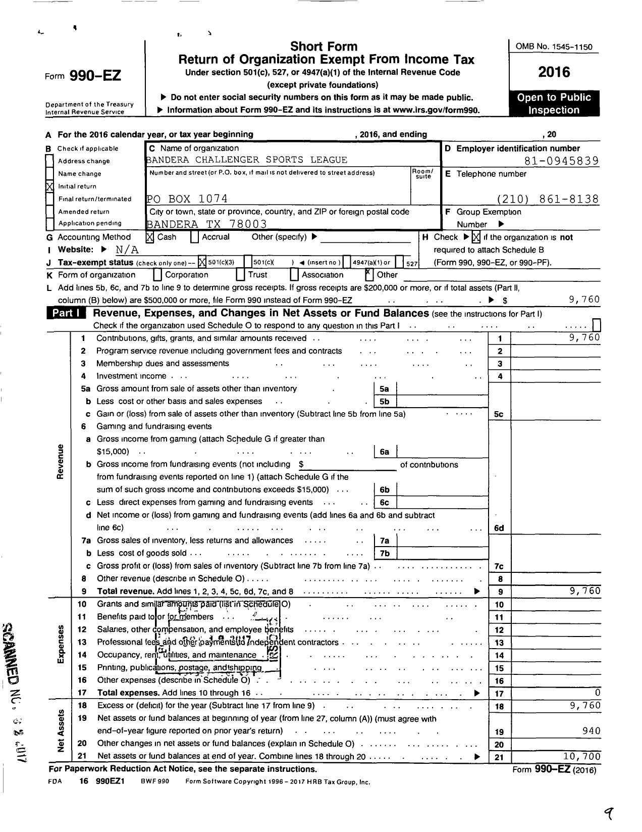 Image of first page of 2016 Form 990EZ for Bandera Challenger Sports League