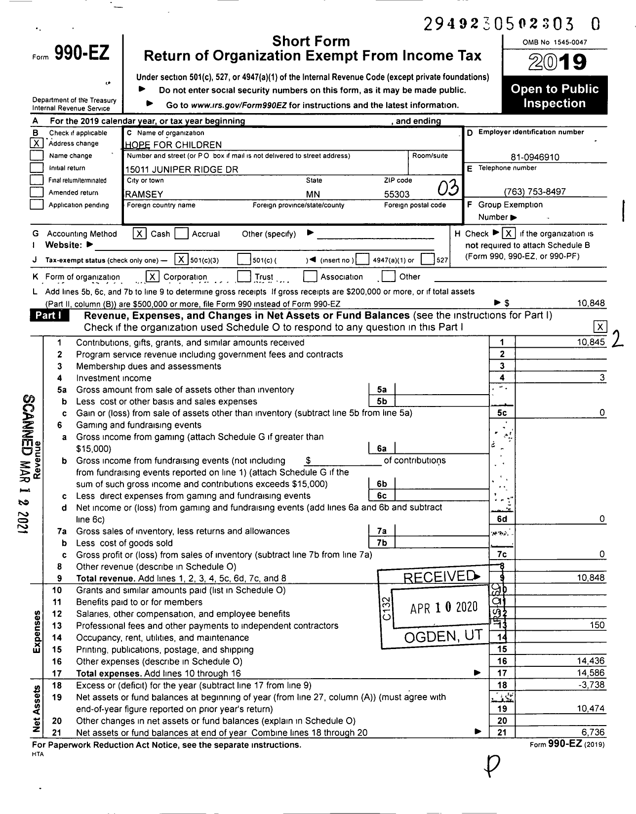 Image of first page of 2019 Form 990EZ for Gathering Hope MN