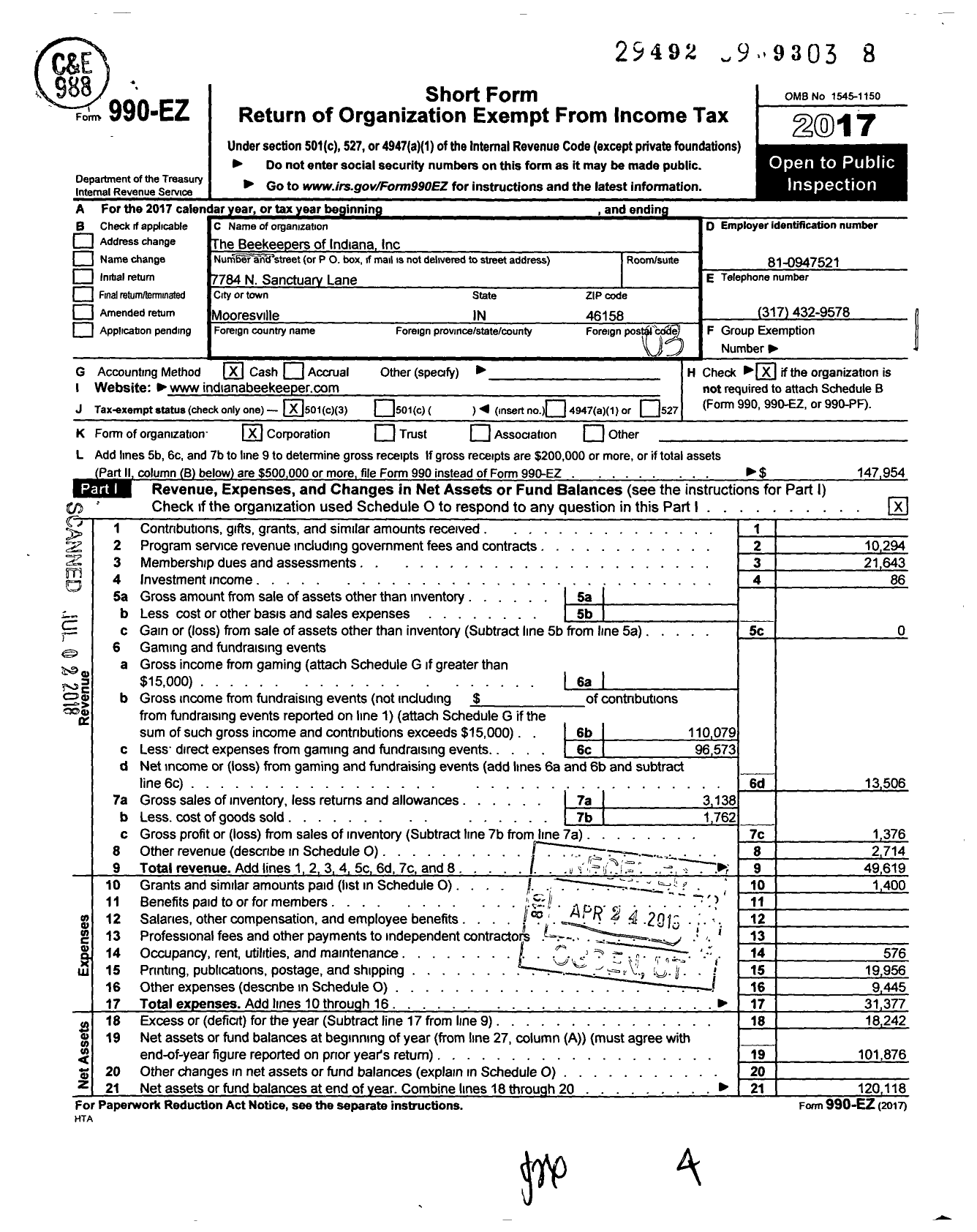 Image of first page of 2017 Form 990EZ for The Beekeepers of Indiana