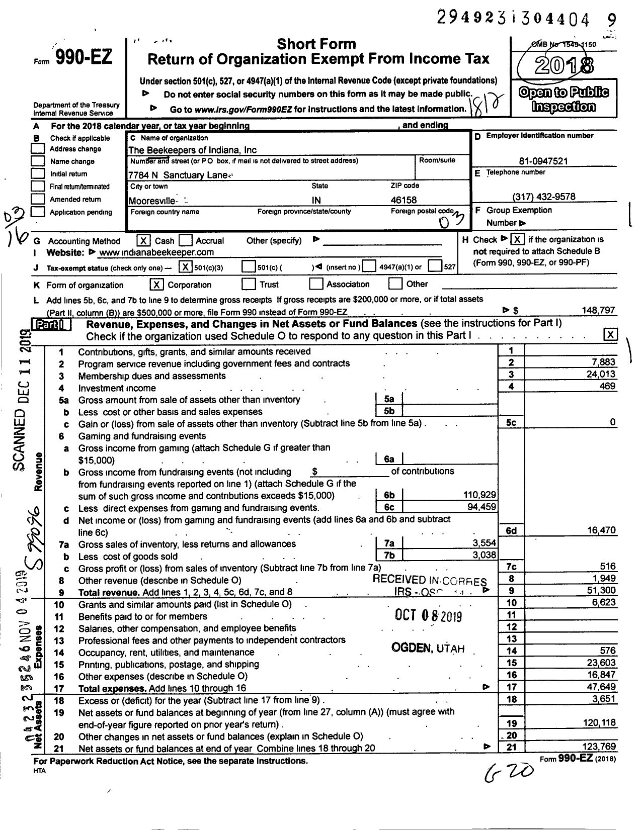 Image of first page of 2018 Form 990EZ for The Beekeepers of Indiana