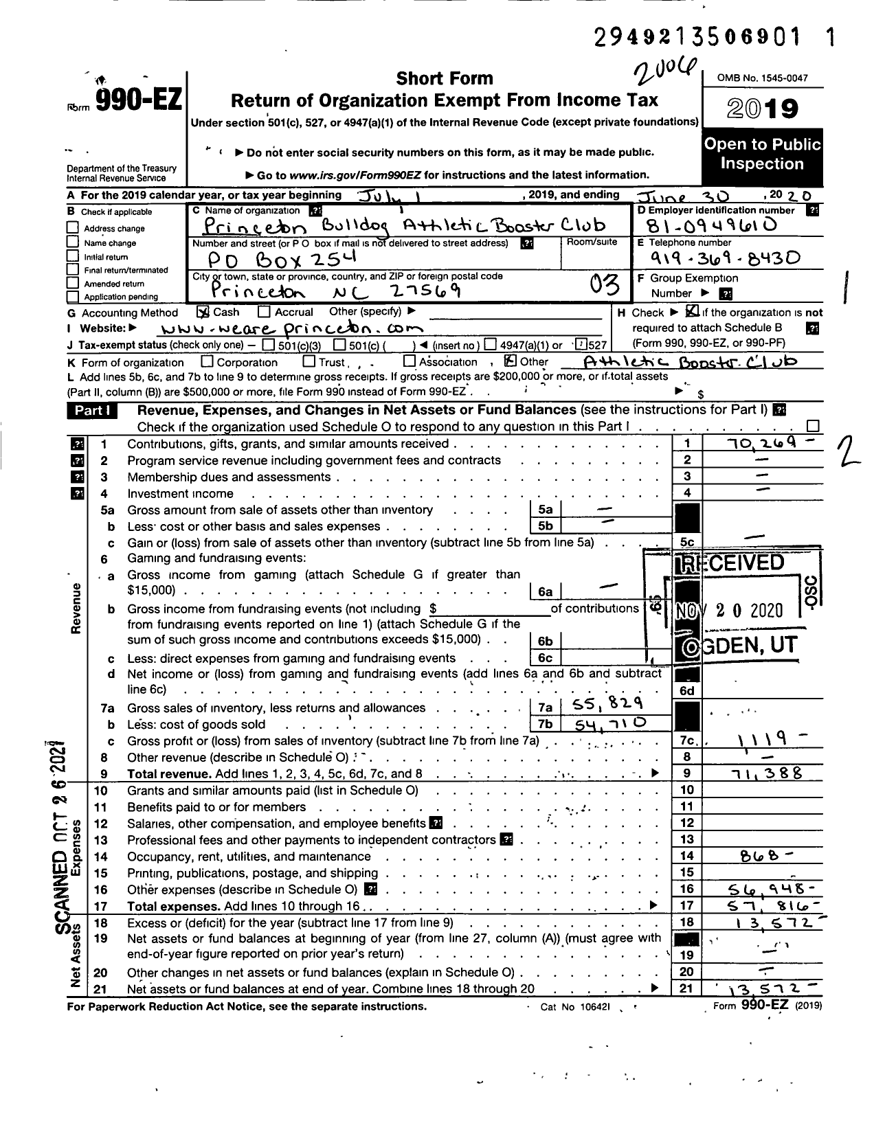 Image of first page of 2019 Form 990EZ for Princeton Bulldog Athletic Booster Club