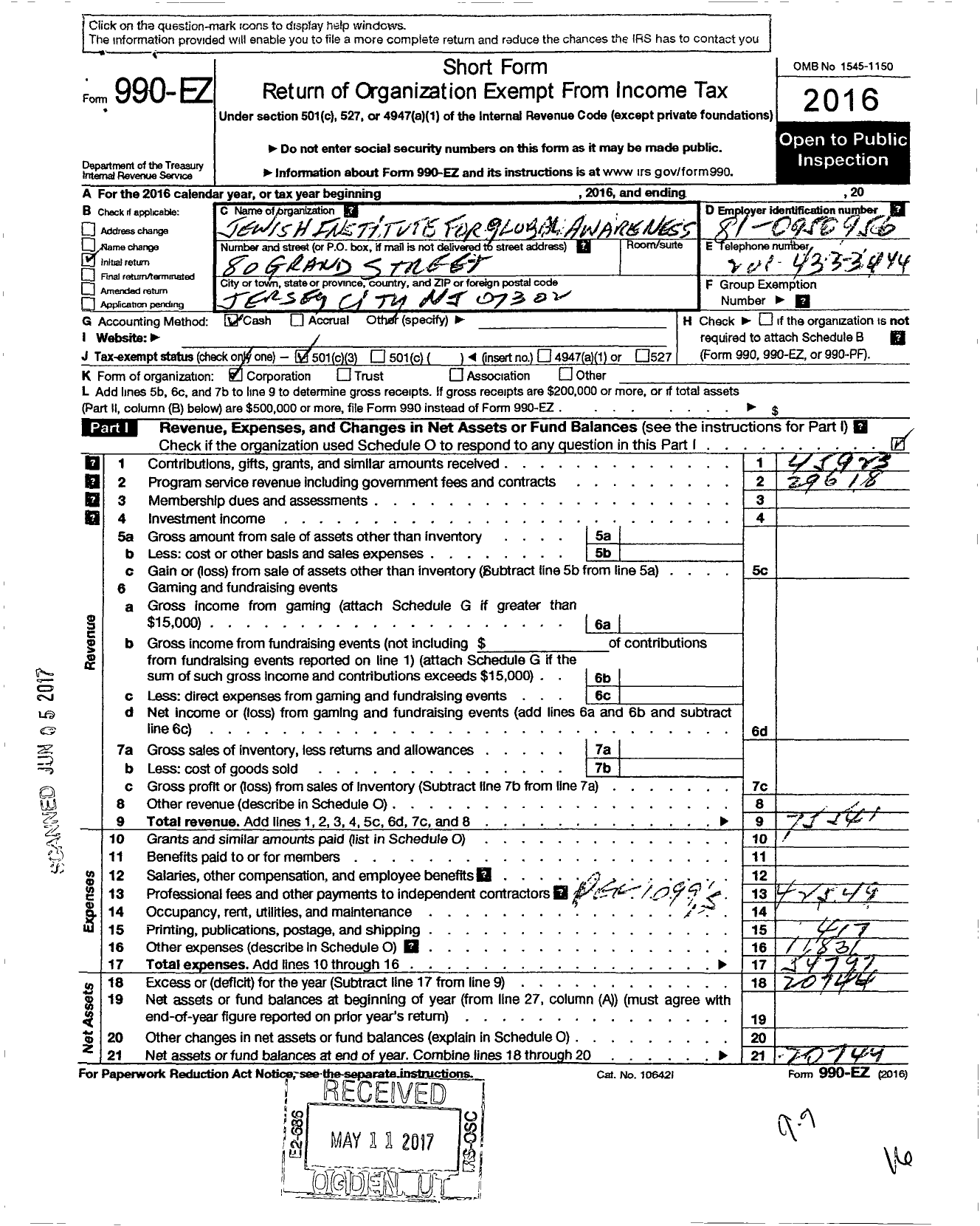 Image of first page of 2016 Form 990EZ for Jewish Institute for Global Awareness