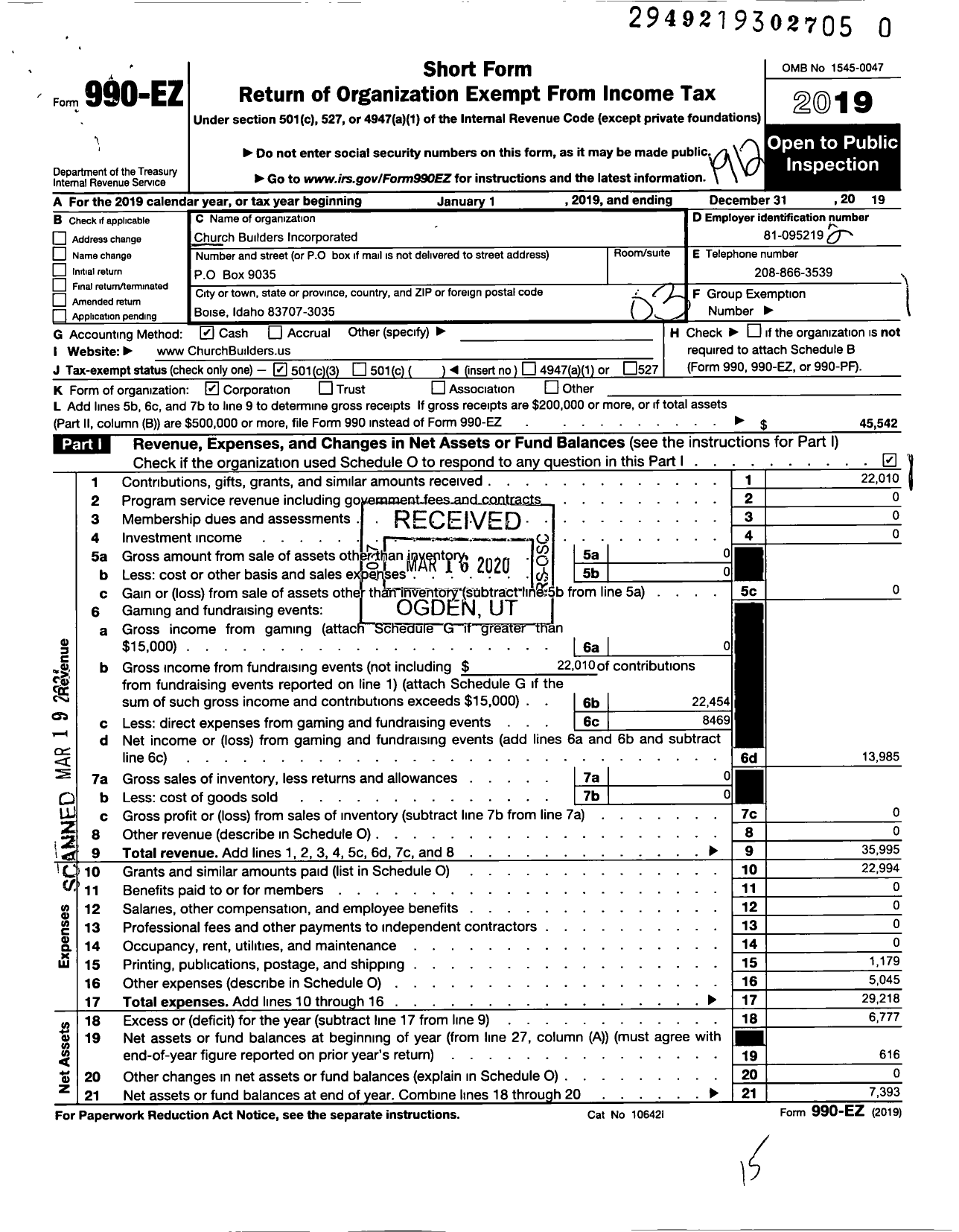 Image of first page of 2019 Form 990EZ for Church Builders Incorporated