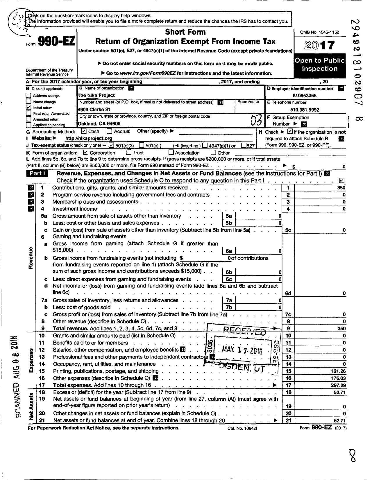 Image of first page of 2017 Form 990EZ for Nika Project