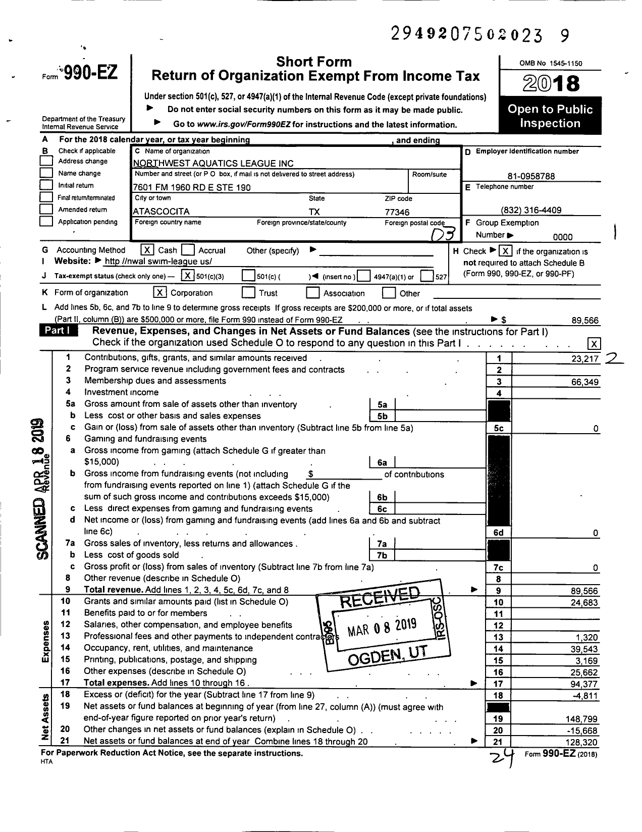 Image of first page of 2018 Form 990EZ for Northwest Aquatics League