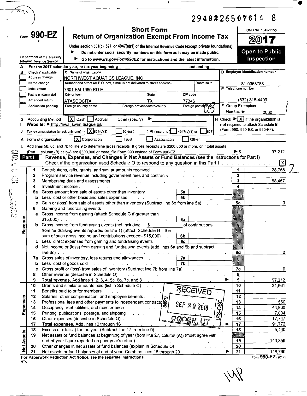 Image of first page of 2017 Form 990EZ for Northwest Aquatics League