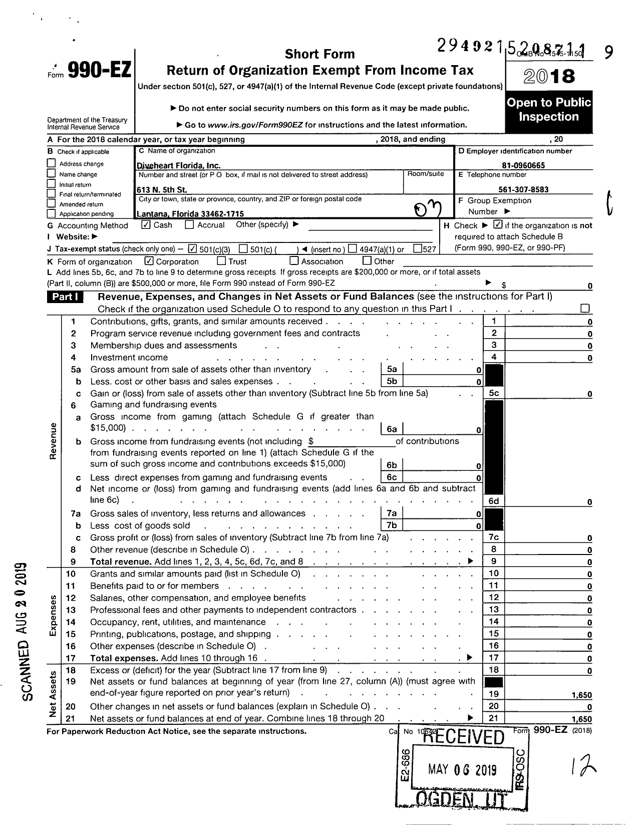 Image of first page of 2018 Form 990EZ for Thresher Aquatics