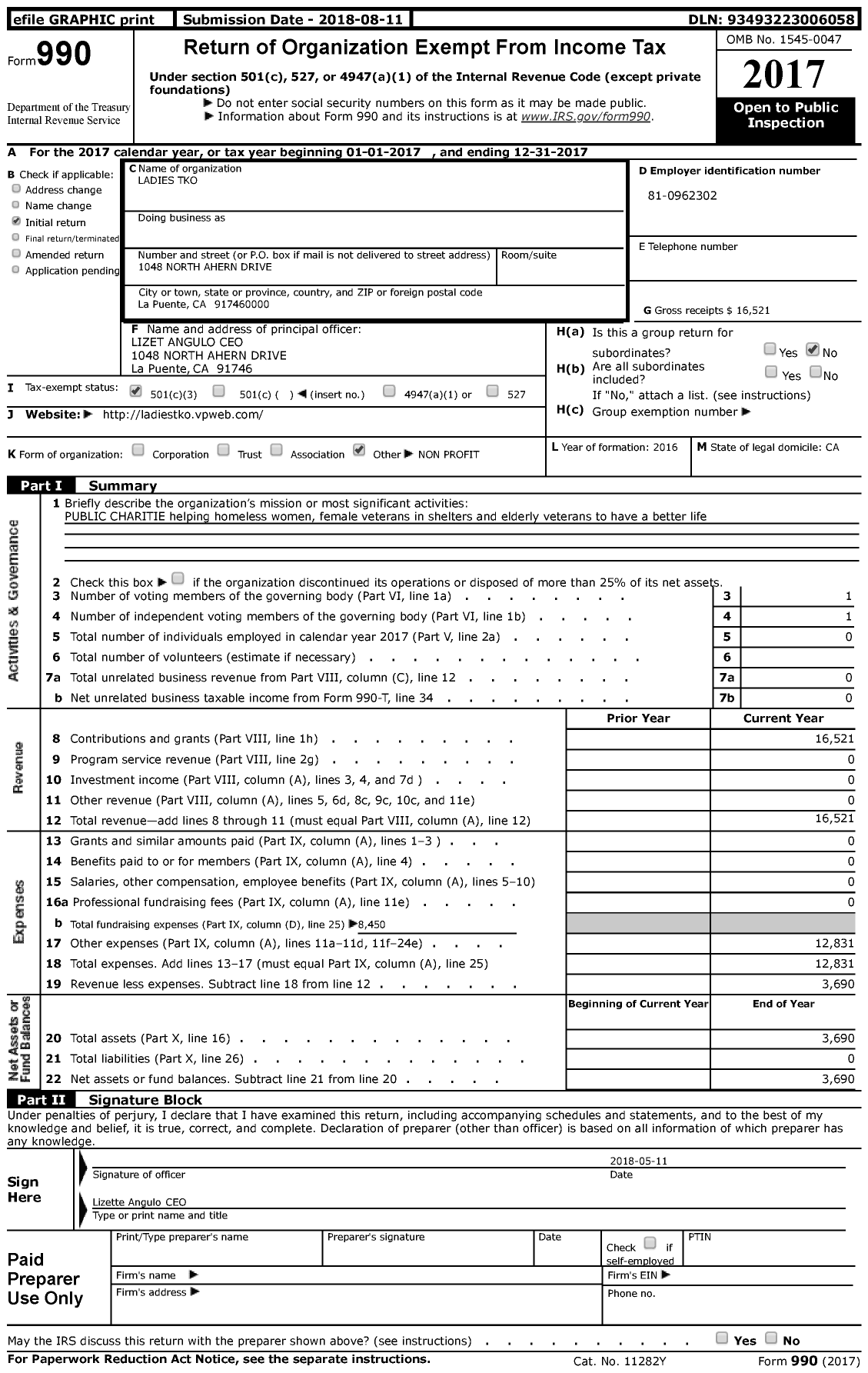 Image of first page of 2017 Form 990 for Ladies Tko