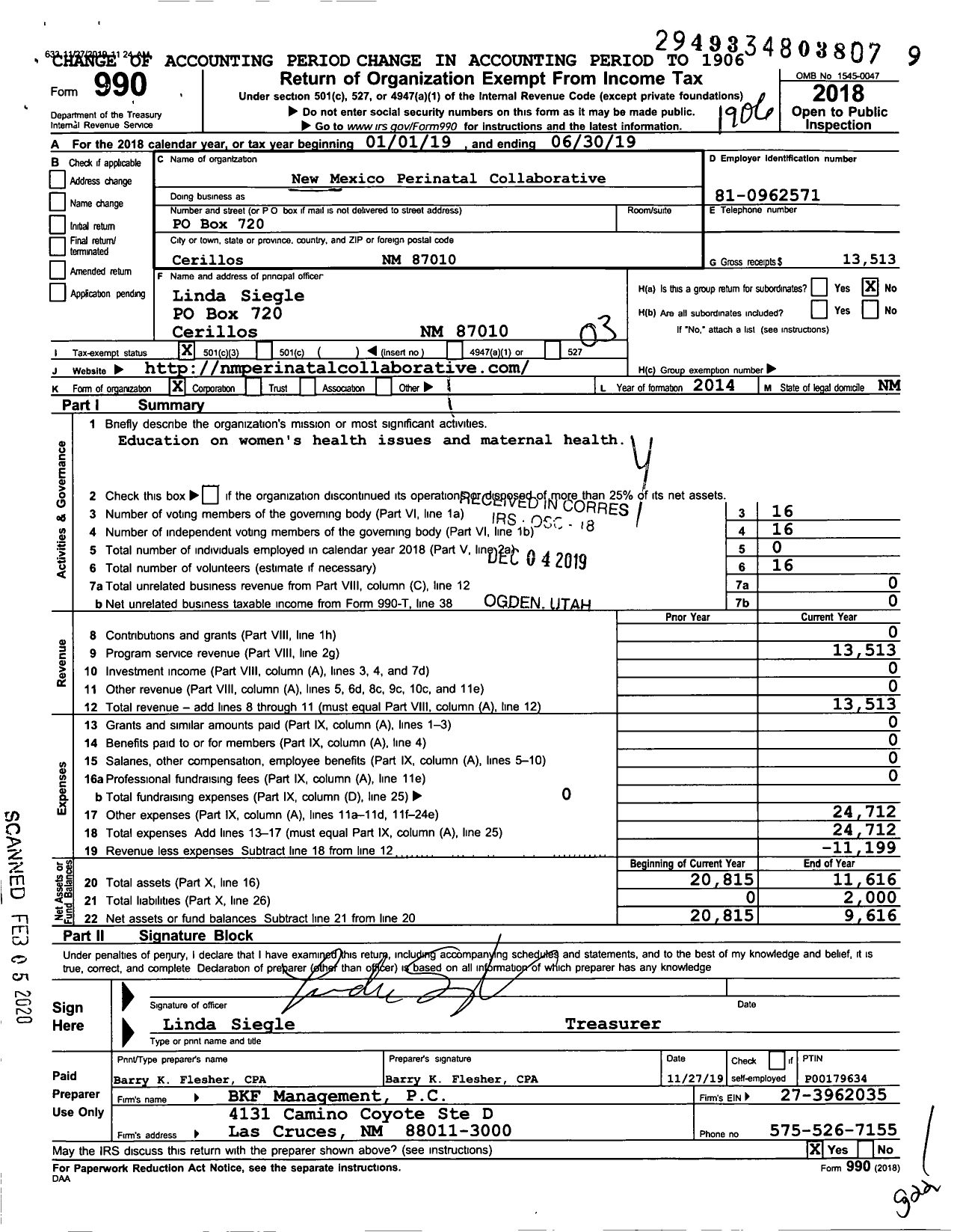 Image of first page of 2018 Form 990 for New Mexico Perinatal Collaborative