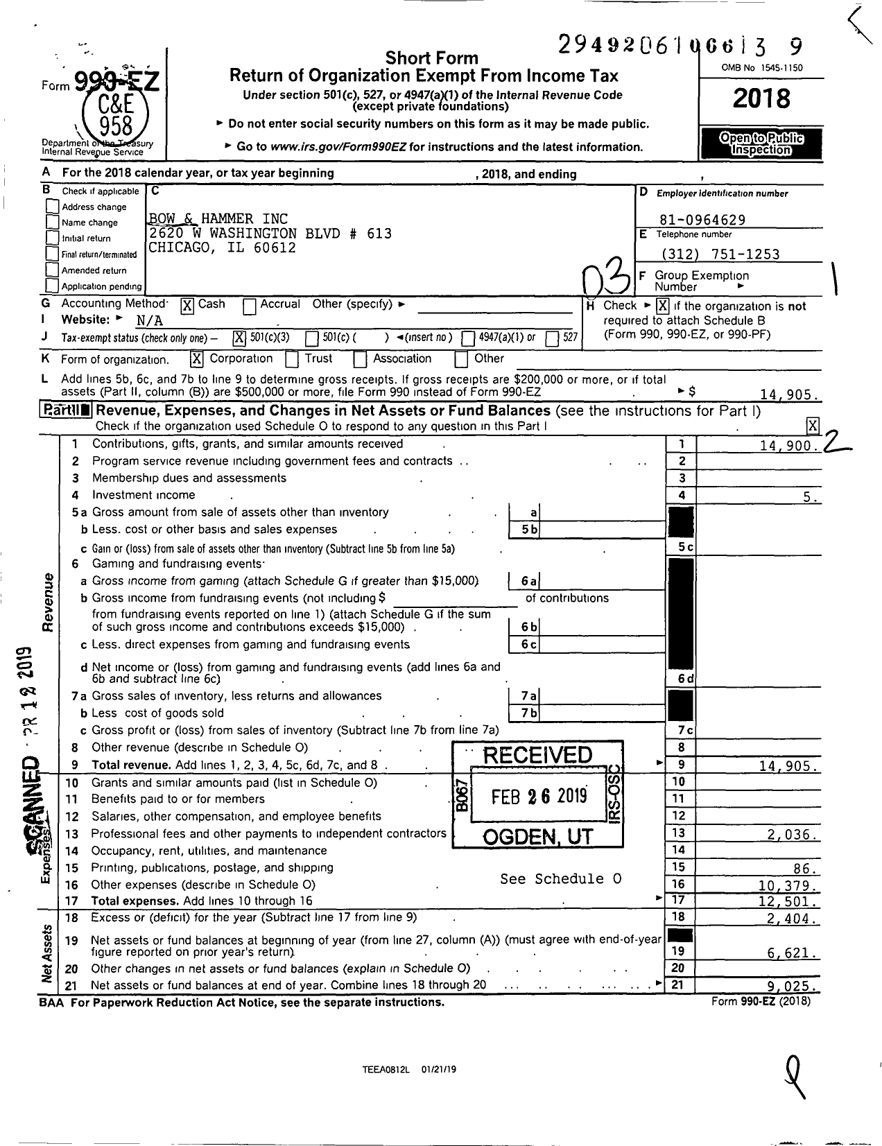 Image of first page of 2018 Form 990EZ for Bow and Hammer