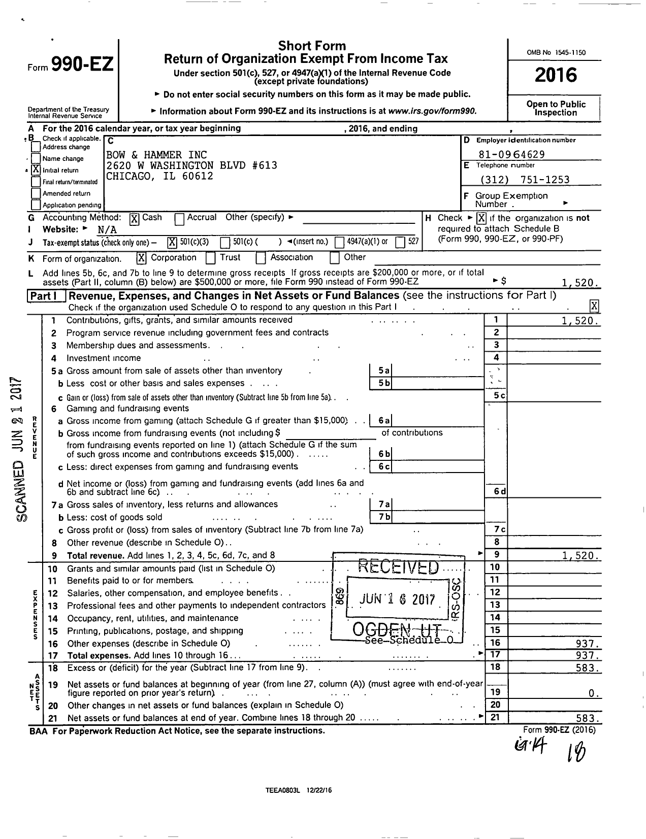 Image of first page of 2016 Form 990EZ for Bow and Hammer