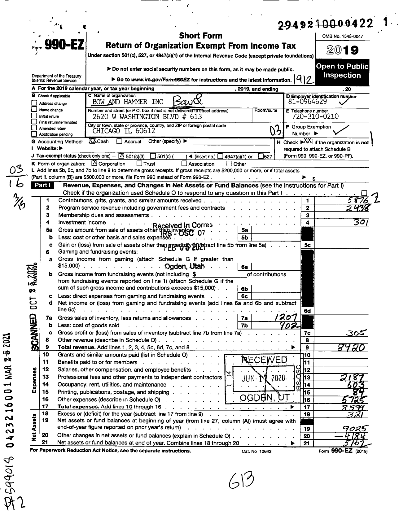 Image of first page of 2019 Form 990EZ for Bow and Hammer