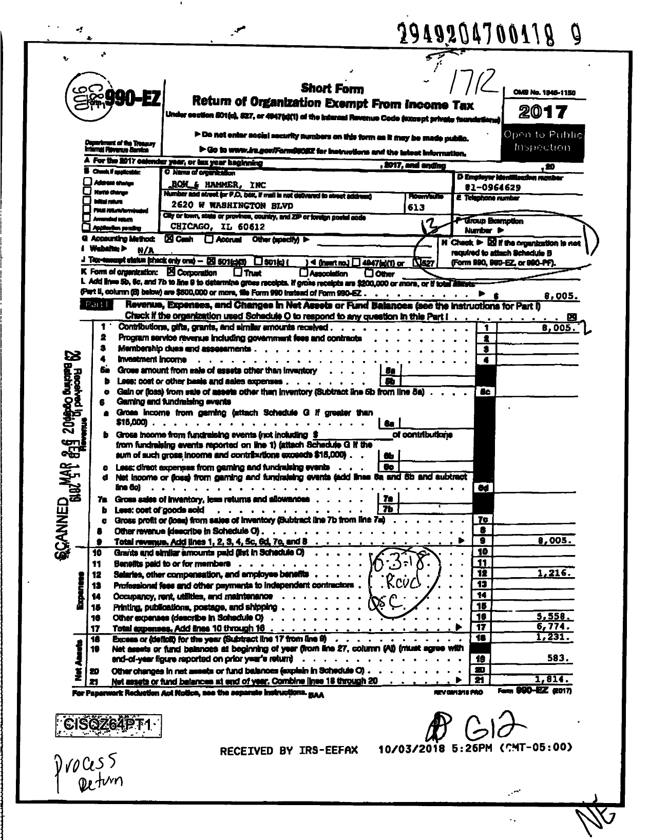 Image of first page of 2017 Form 990EO for Bow and Hammer