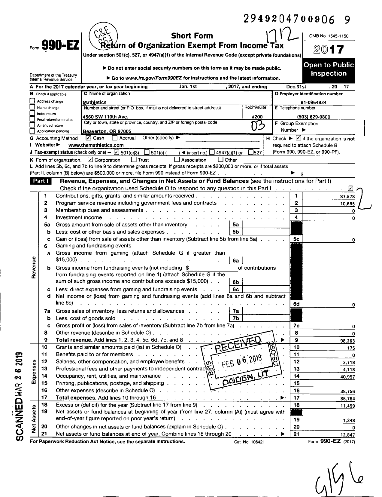 Image of first page of 2017 Form 990EZ for Mathletics