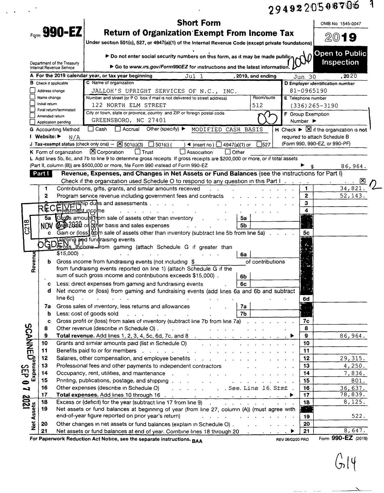 Image of first page of 2019 Form 990EZ for Jalloh's Upright Home Services of NC