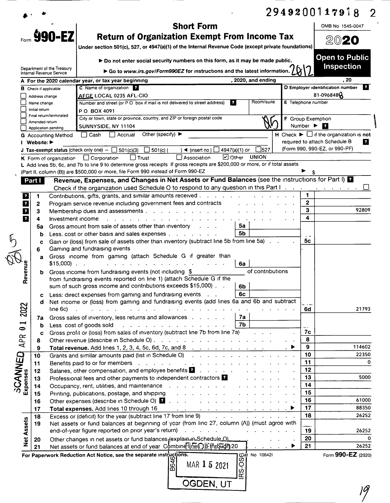 Image of first page of 2020 Form 990EO for American Federation of Government Employees - 0235 Afge Local